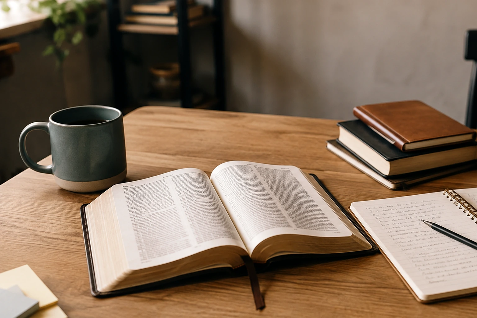 Mesa de estudio con Biblias y libros abiertos
