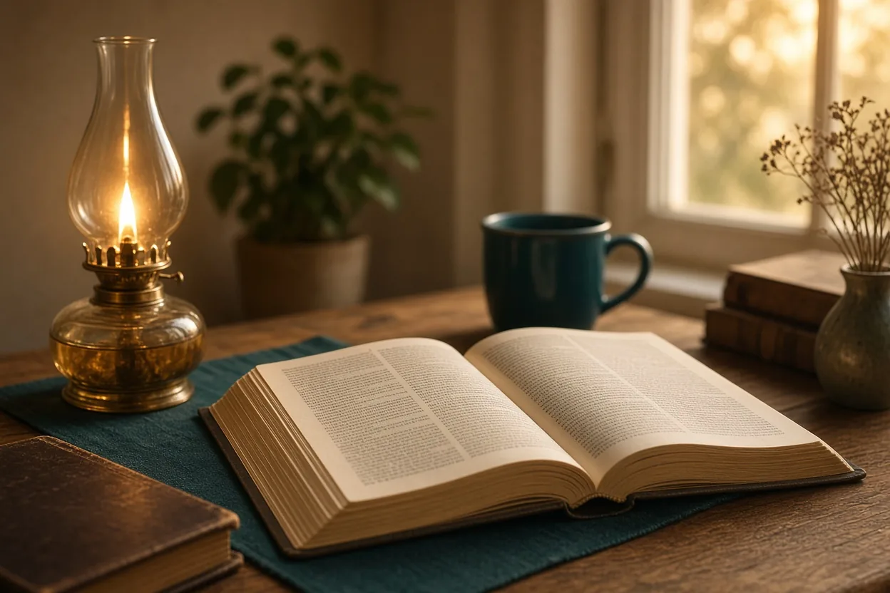 Mesa de estudio con libro abierto, rollos y lámpara al amanecer
